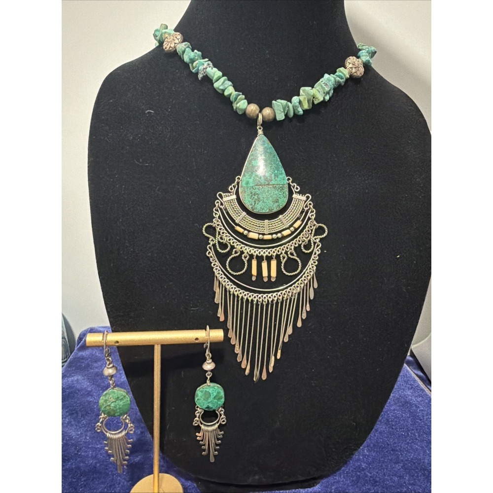 Vintage Peruvian Artisan Necklace & Earrings Set Green Turquoise Jewelry